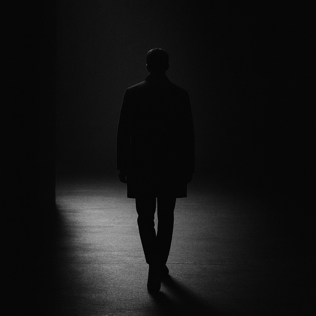 A lone figure walking down a dim corridor