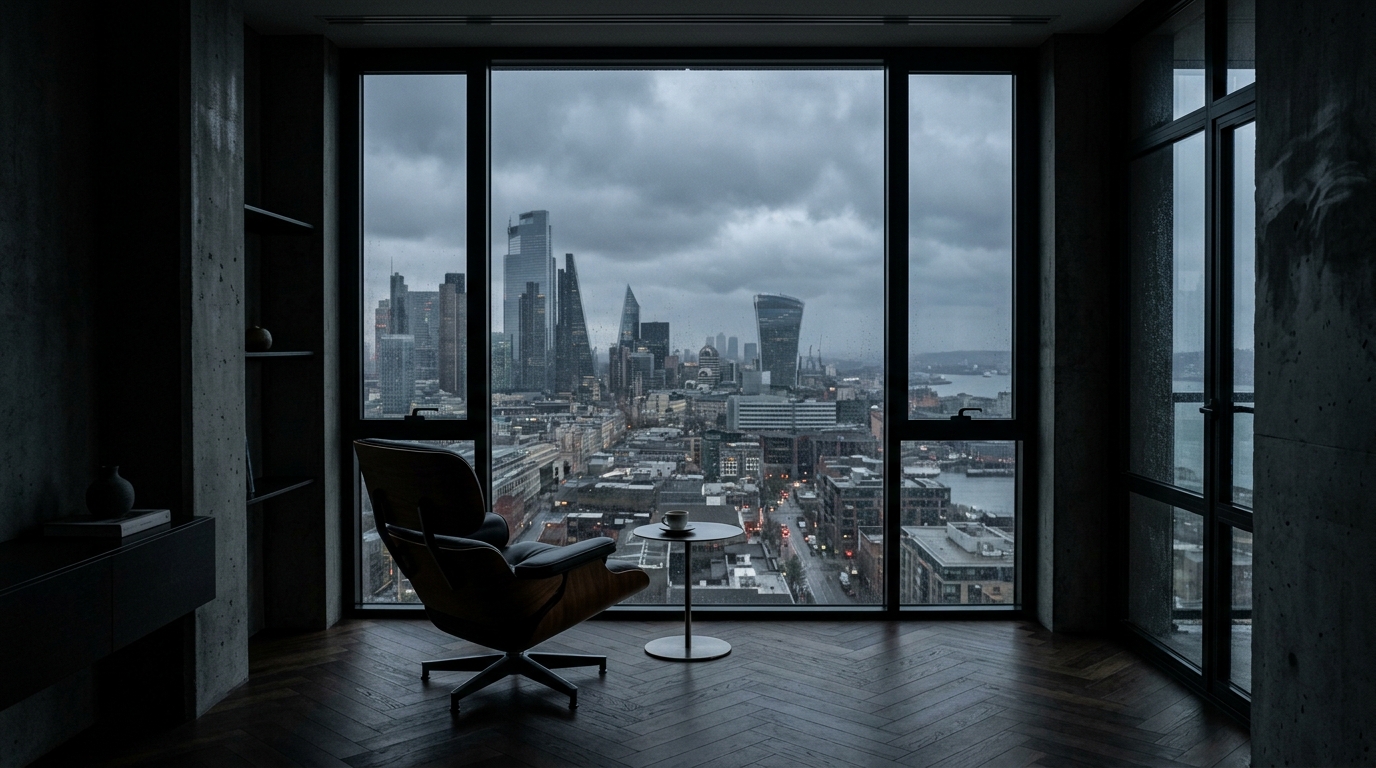 A minimalist, dark and moody photograph of a solitary chair facing a window overlooking a city, representing the private, strategic environment of a high-end personal brand consultant.